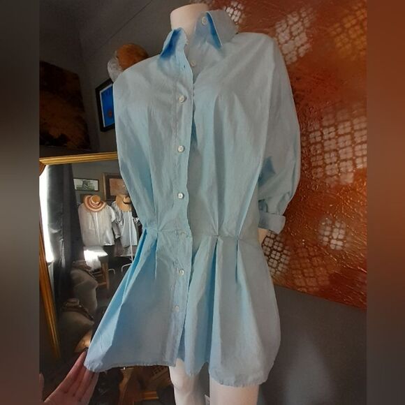 Zara 100% Cotton Light Blue Button-Up Shirt Dress - Picture 10 of 12